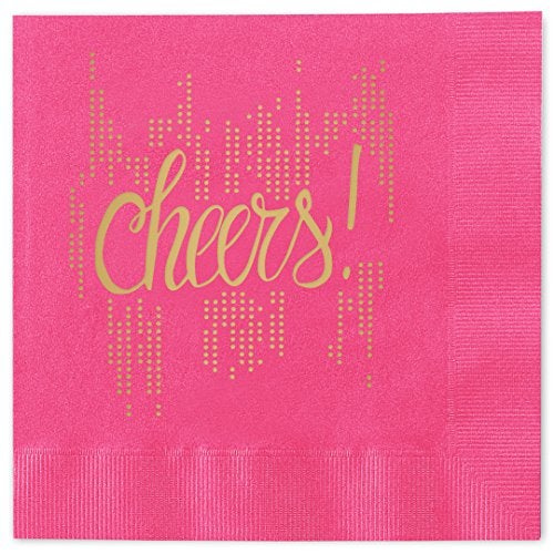 Canopy Street Bubbly Cheers Cocktail Napkins / 25 Hot Pink 3 Ply Paper Coined Beverage Napkins With Gold Foil/Folded 4 3/4" x 4 3/4" Magenta Napkins/Made In The USA - Image 1