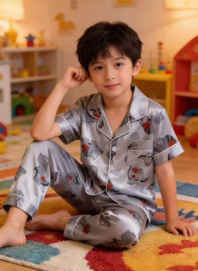 Take Two Kids Grey Dinosaur Print Satin Pajama Set With Short Sleeve Top And Full-Length Pants