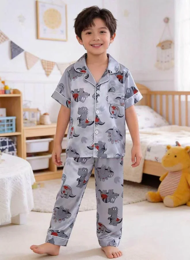 Take Two Kids Grey Dinosaur Print Satin Pajama Set With Short Sleeve Top And Full-Length Pants