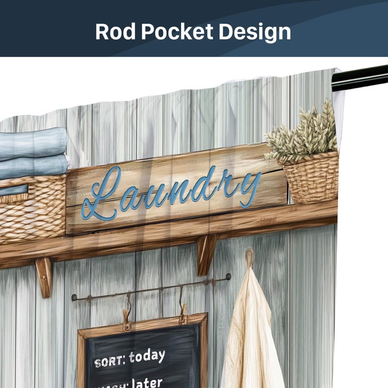 Miyotaa Farmhouse Laundry Room Curtains 2 Panels 27.5W x 39H Rod Pocket Teal Farmhouse Rustic Country Polyester Decor Small Short Window Drapery Treatment - Image 5