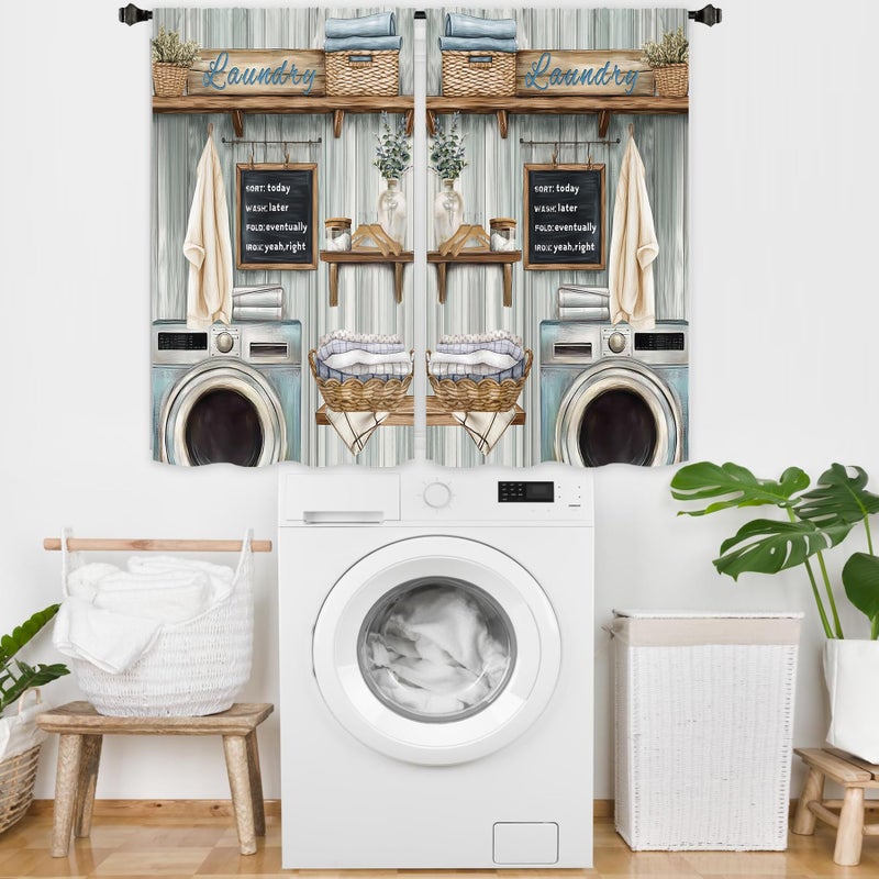 Miyotaa Farmhouse Laundry Room Curtains 2 Panels 27.5W x 39H Rod Pocket Teal Farmhouse Rustic Country Polyester Decor Small Short Window Drapery Treatment - Image 2