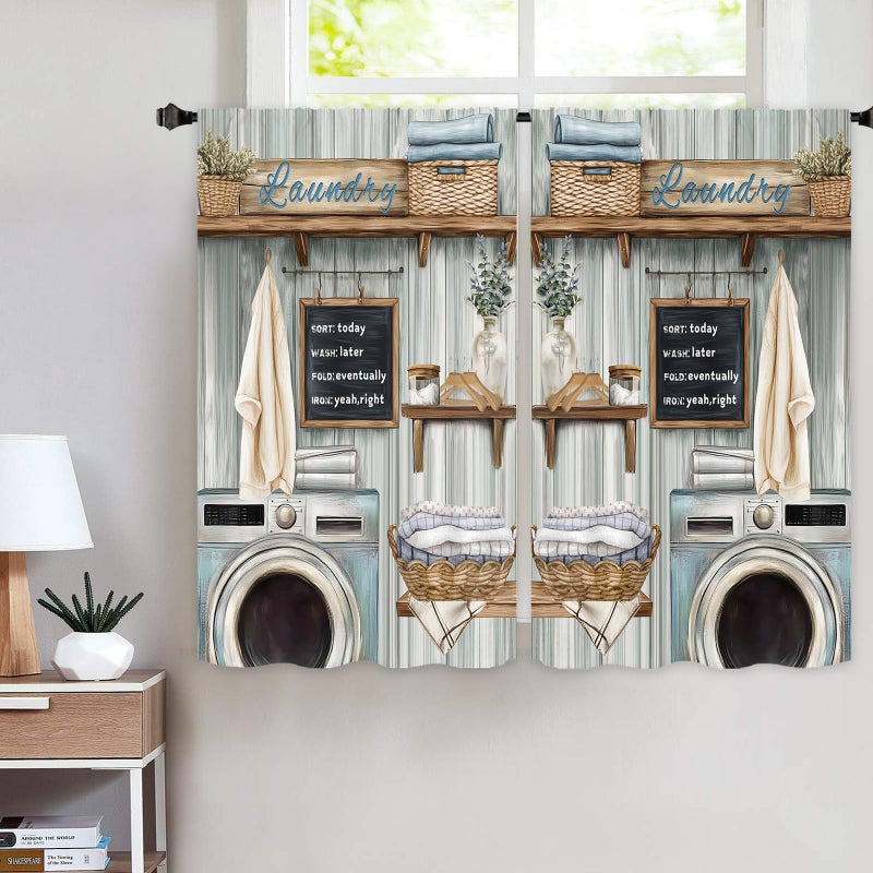 Miyotaa Farmhouse Laundry Room Curtains 2 Panels 27.5W x 39H Rod Pocket Teal Farmhouse Rustic Country Polyester Decor Small Short Window Drapery Treatment - Image 4
