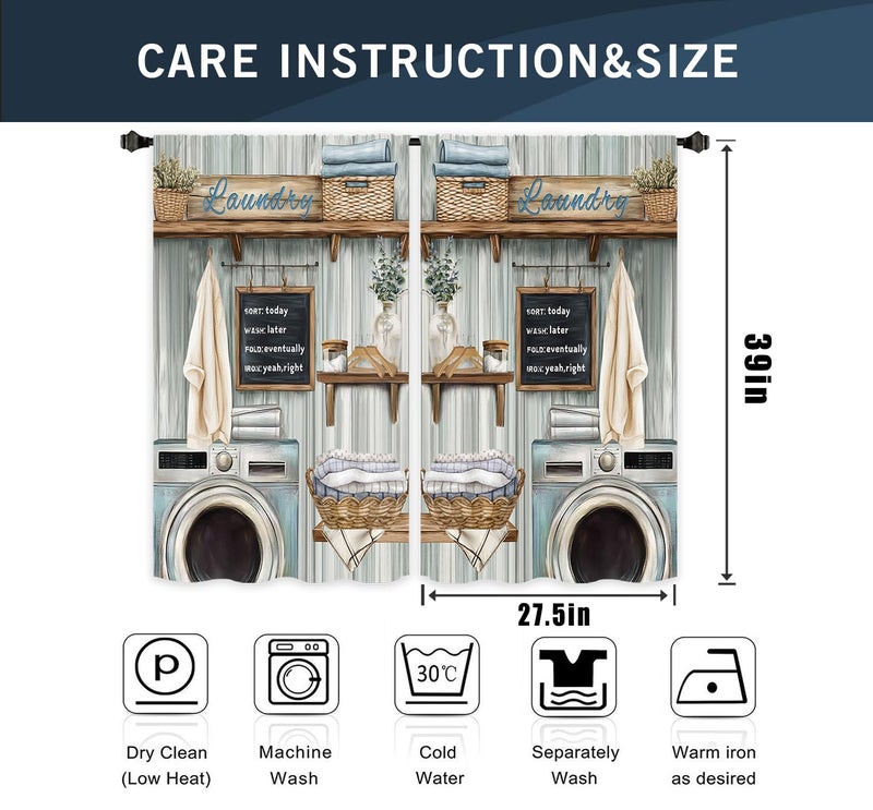 Miyotaa Farmhouse Laundry Room Curtains 2 Panels 27.5W x 39H Rod Pocket Teal Farmhouse Rustic Country Polyester Decor Small Short Window Drapery Treatment - Image 3
