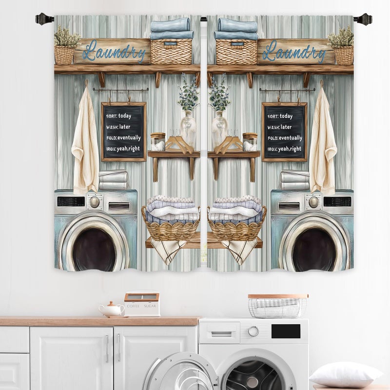 Miyotaa Farmhouse Laundry Room Curtains 2 Panels 27.5W x 39H Rod Pocket Teal Farmhouse Rustic Country Polyester Decor Small Short Window Drapery Treatment - Image 1