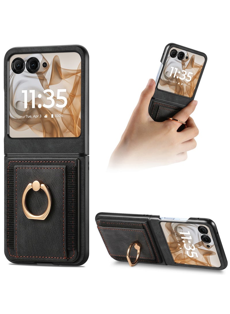 CoomBe For Motorola Razr 60 Ultra Case, PU Leather Card Slot Holder Wallet Phone Case Ring Bracket Shockproof Cover Black - Image 1