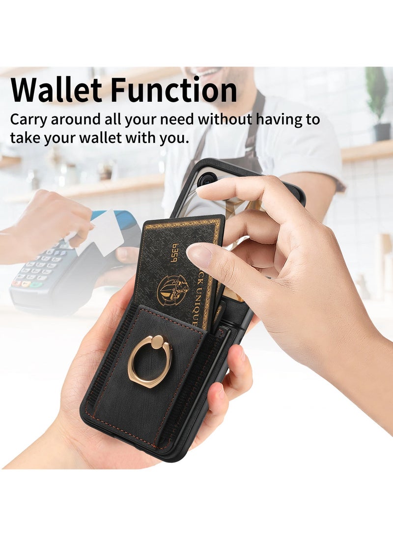 CoomBe For Motorola Razr 60 Ultra Case, PU Leather Card Slot Holder Wallet Phone Case Ring Bracket Shockproof Cover Black - Image 5