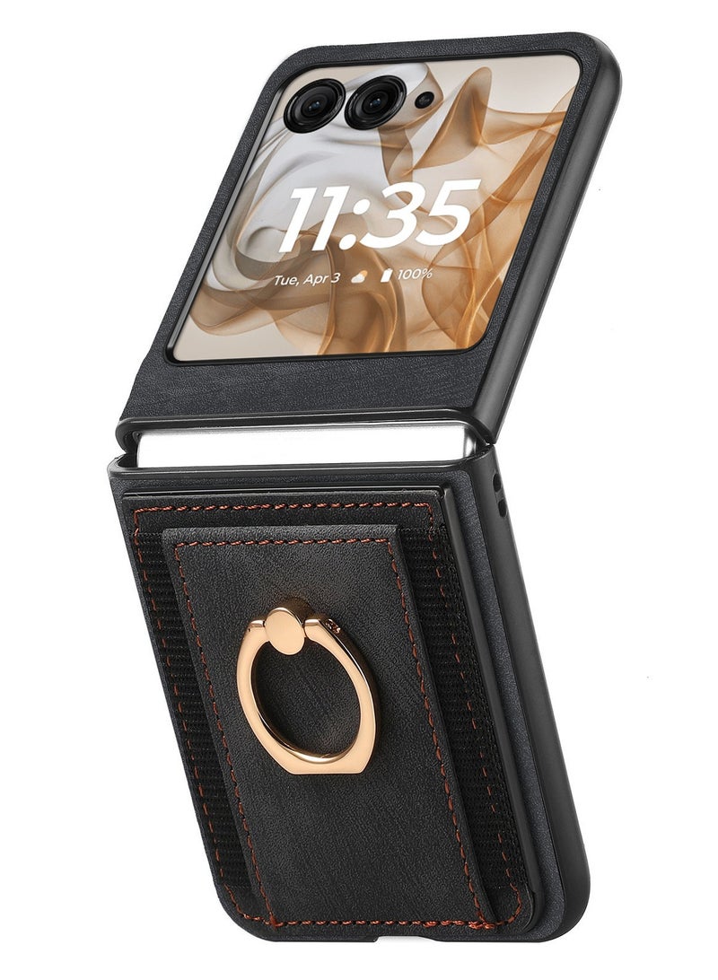CoomBe For Motorola Razr 60 Ultra Case, PU Leather Card Slot Holder Wallet Phone Case Ring Bracket Shockproof Cover Black - Image 3