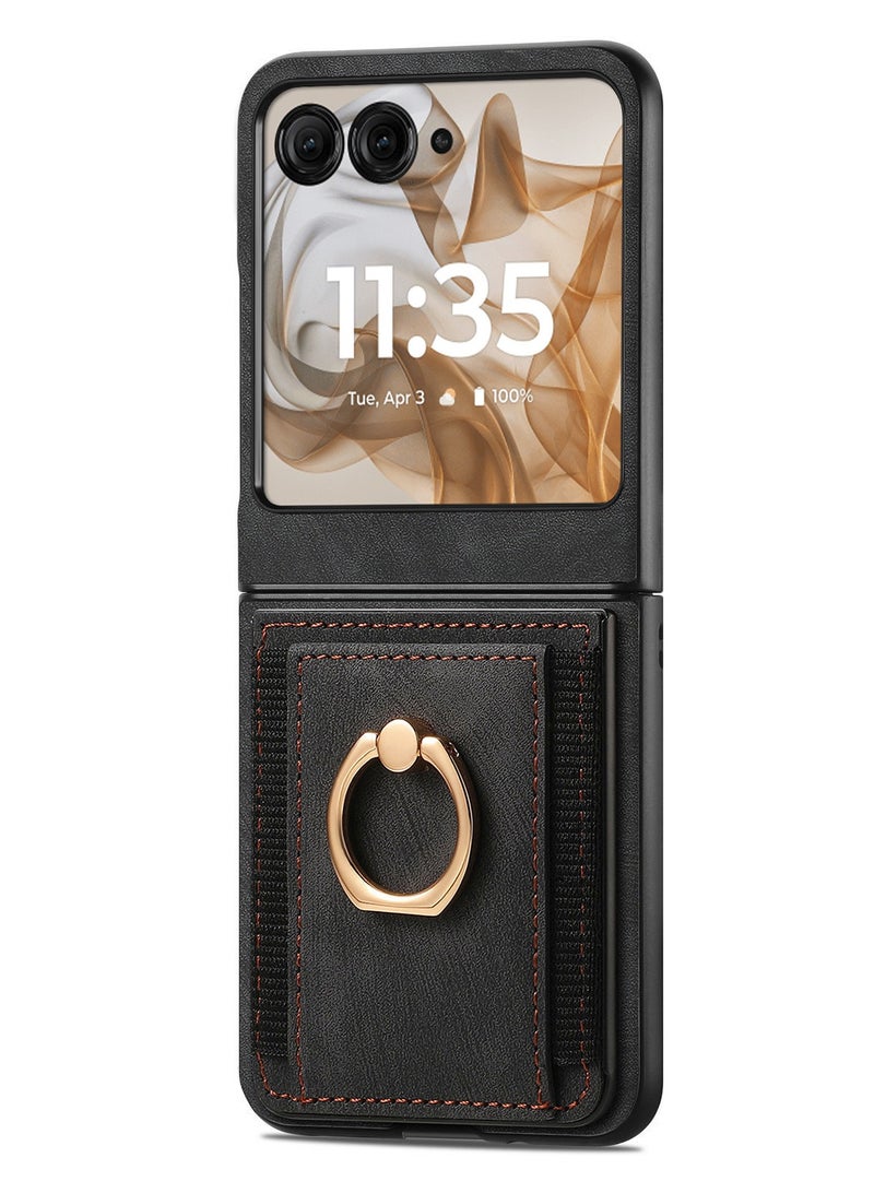 CoomBe For Motorola Razr 60 Ultra Case, PU Leather Card Slot Holder Wallet Phone Case Ring Bracket Shockproof Cover Black - Image 2