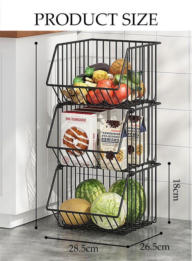 DUNISO 3 Tier Stackable Fruit Veg Baskets Storage Basket Stand Black Wire Storage Countertop Organiser Utility Fruits Rack Produce Snack Organizer Bins for Fruits Vegetable Snacks - Image 2