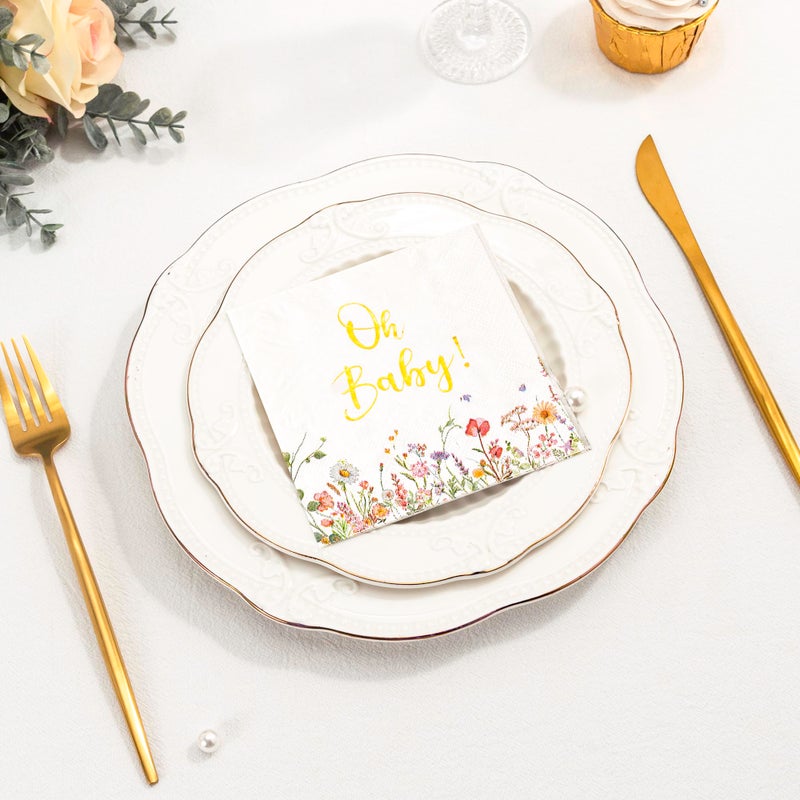 Crisky Baby Shower Napkins Floral Gold Foil Oh Baby Paper Disposable Napkins for Baby Shower Party Decoration  3-Ply  50 Counts - Image 4