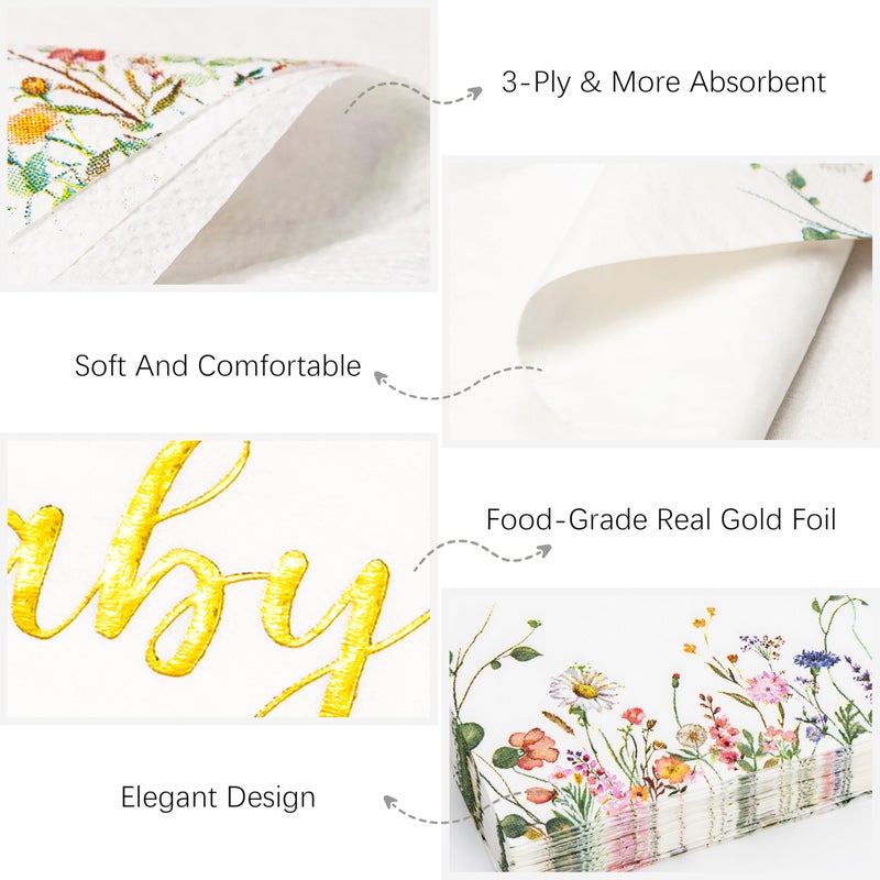 Crisky Baby Shower Napkins Floral Gold Foil Oh Baby Paper Disposable Napkins for Baby Shower Party Decoration  3-Ply  50 Counts - Image 2