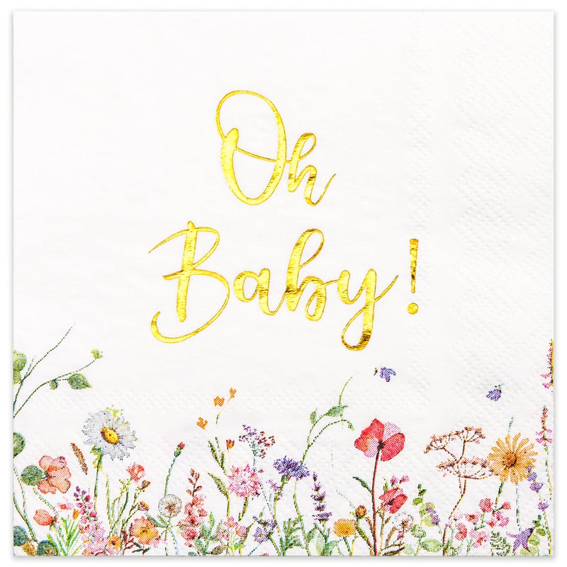 Crisky Baby Shower Napkins Floral Gold Foil Oh Baby Paper Disposable Napkins for Baby Shower Party Decoration  3-Ply  50 Counts - Image 1