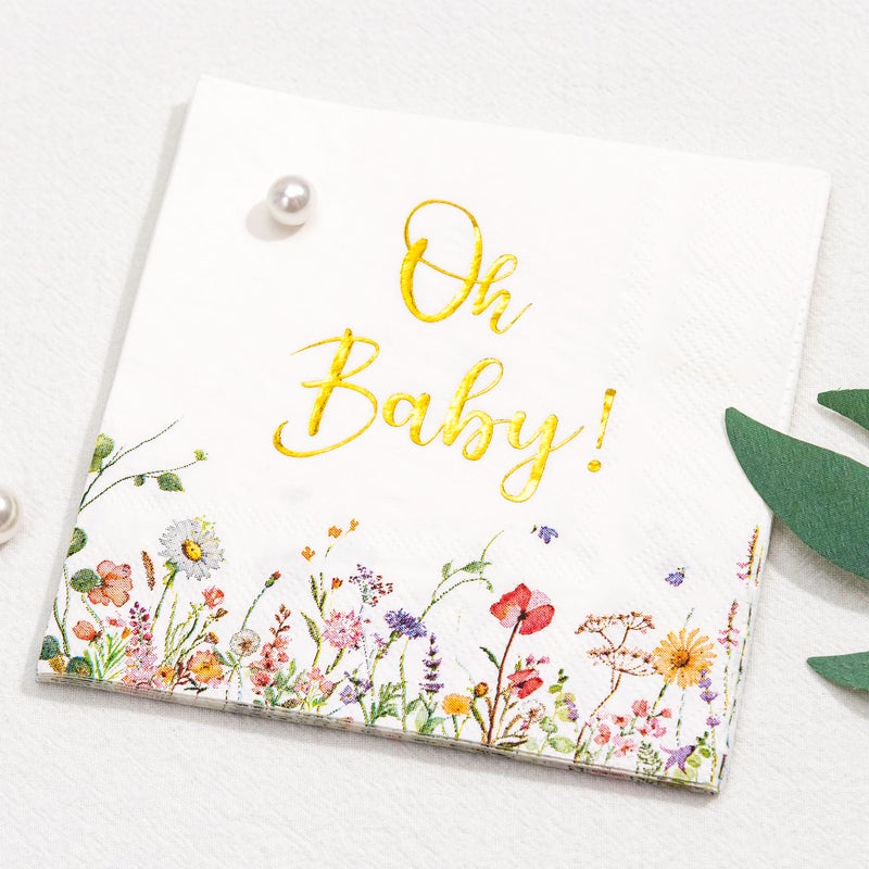 Crisky Baby Shower Napkins Floral Gold Foil Oh Baby Paper Disposable Napkins for Baby Shower Party Decoration  3-Ply  50 Counts - Image 3