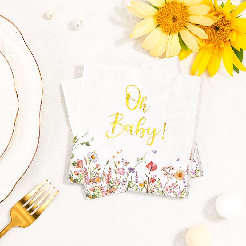 Crisky Baby Shower Napkins Floral Gold Foil Oh Baby Paper Disposable Napkins for Baby Shower Party Decoration  3-Ply  50 Counts - Image 5
