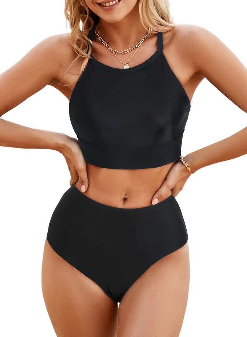 Herseas Women's Black Bikini Sets High Round Neck Criss Cross Swimwear High Waisted 2 Pieces Swimsuits Crop Padded Top Modest Bottom Bathing Suits X-Small - Image 1