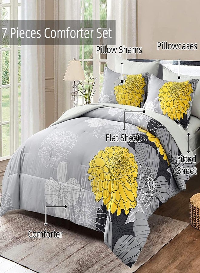 Yiran 7 Pieces Bed in a Bag Comforter Set Yellow Floral Comforter Flowers Soft Microfiber Bedding Set King Size (1 Comforter 1 Flat Sheet 1 Fitted Sheet 2 Pillowshams 2 Pillowcases) - Image 3