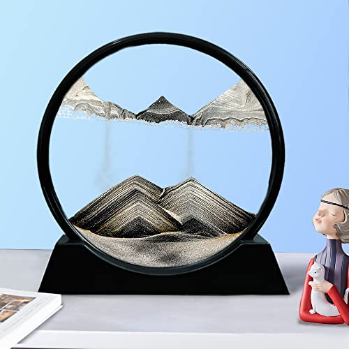 Aoderun Moving Sand Art Picture Round Glass 3D Deep Sea Sandscape in Motion Display Flowing Sand Frame Relaxing Desktop Home Office Work Decor (7", Black) - Image 2