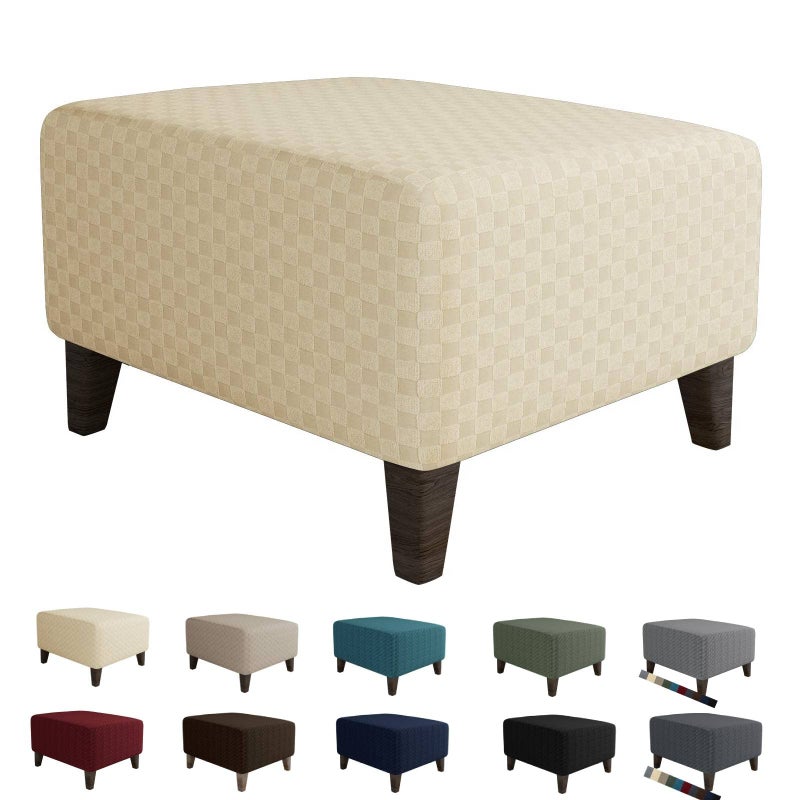 MAXIJIN Jacquard Ottoman Cover Slipcovers Folding Storage Stool Furniture Protector Cover Soft Thick Rectangle Foot Rest Slipcover with Elastic Bottom Ottoman Large Light Beige