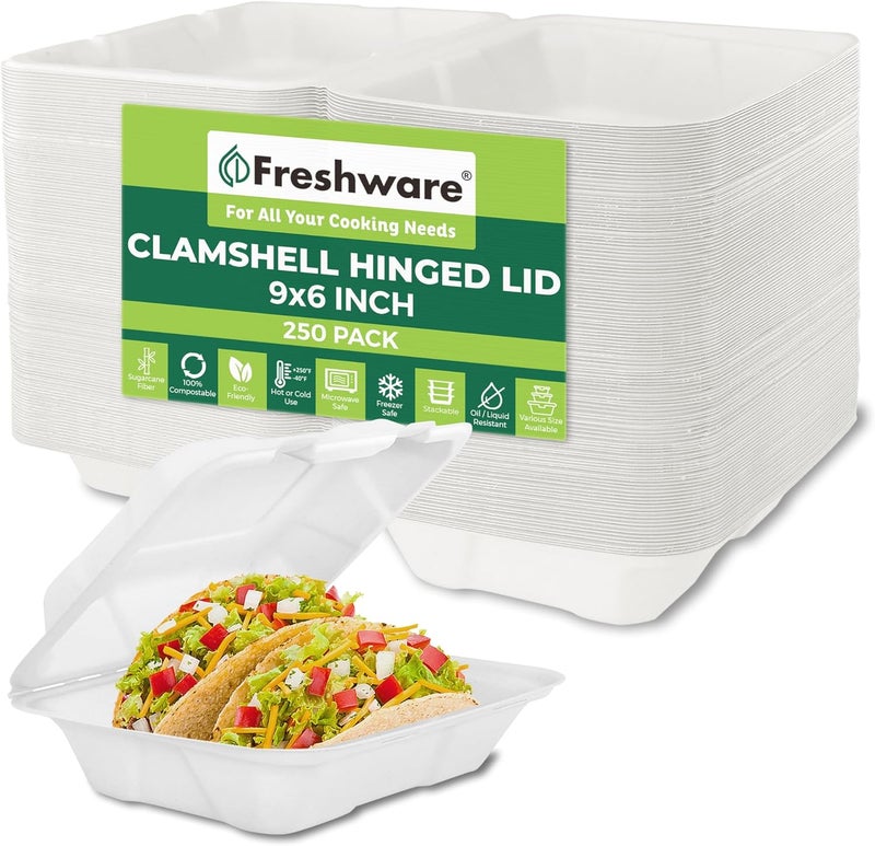 Freshware حاويات طعام قابلة للتحلل Freshware على شكل صدف 9x6 250 عبوة حاويات للتخلص منها - Image 1