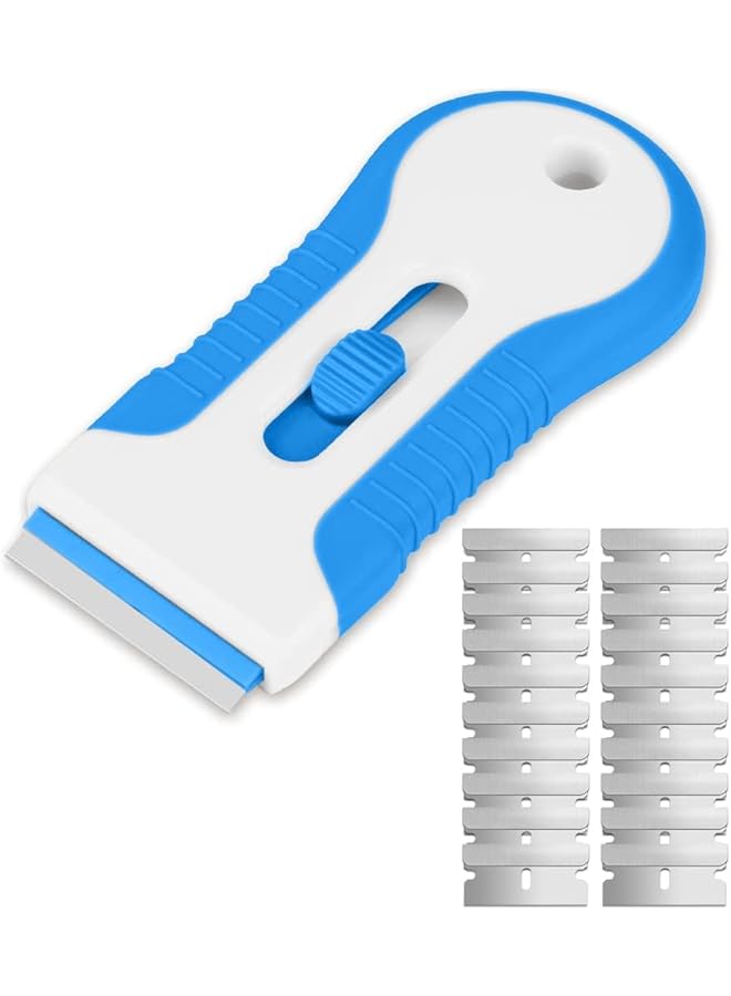promass COOLive Razor Blade Scraper, Glass Cooktop Scraper with 20PCS Stainless Steel Blades, Multi-funtional Cleaning Razor Scraper for Removing Stickers, Labels, Caulk, Adhesive, Paint Removal-Blue - Image 1