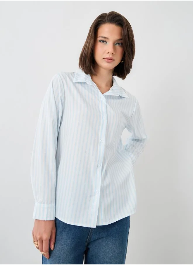 تايك تو Take Two Striped Long Sleeve Spread Collar Oversized Shirt