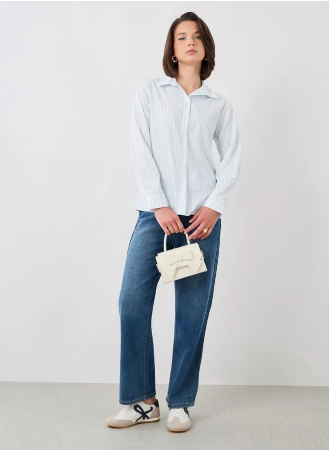 تايك تو Take Two Striped Long Sleeve Spread Collar Oversized Shirt