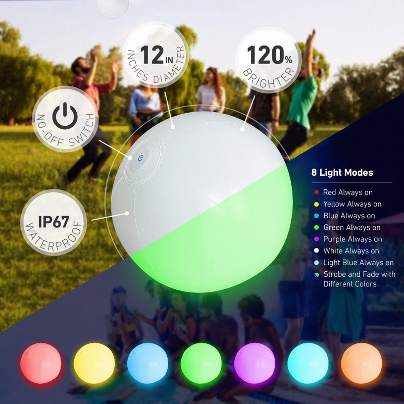 FLAMDYNO ألعاب بركة FLAMDYNO - 4 كرات شاطئية مضيئة للأطفال مع 8 أوضاع إضاءة، كرات ألعاب بركة للشاطئ للأنشطة الخارجية أو الداخلية، زينة بركة شاطئية مضيئة للأطفال والبالغين - Image 2