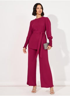 Styli Solid Cuff Sleeves Longline Top & Wide Leg Pants Modest Set  - Image 1