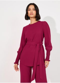 Styli Solid Cuff Sleeves Longline Top & Wide Leg Pants Modest Set  - Image 2