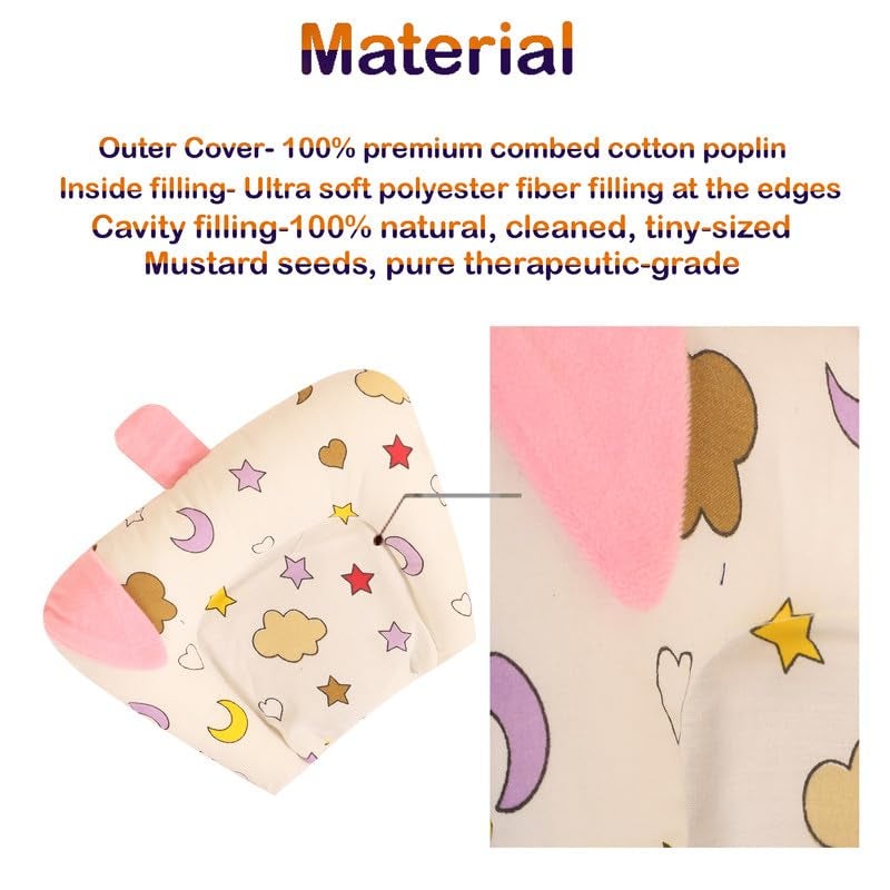 Nonibud Cotton Mustard Seeds Pillow for New Born Baby Nursing Head Shaping Pillow Easy Washing Feeding (White Pink Cloud) - Image 3