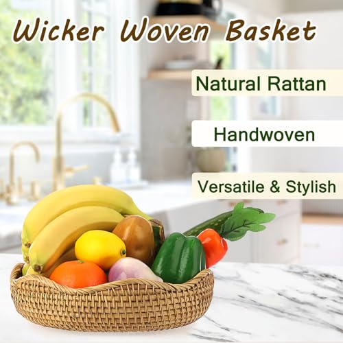 Hipiwe Natural Rattan Tray Wicker Storage Bowls Hand Woven Basket Tray for Bread Fruit Key Round Fruit Baskets for Kitchen Entryway Tabletop Decorative Baskets Bowl10 Inches - Image 3