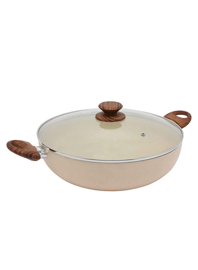 Trust Non-Stick Aluminum Wok With Glass Lid With Soft Touch Wood Handle Beige/Brown - Image 1
