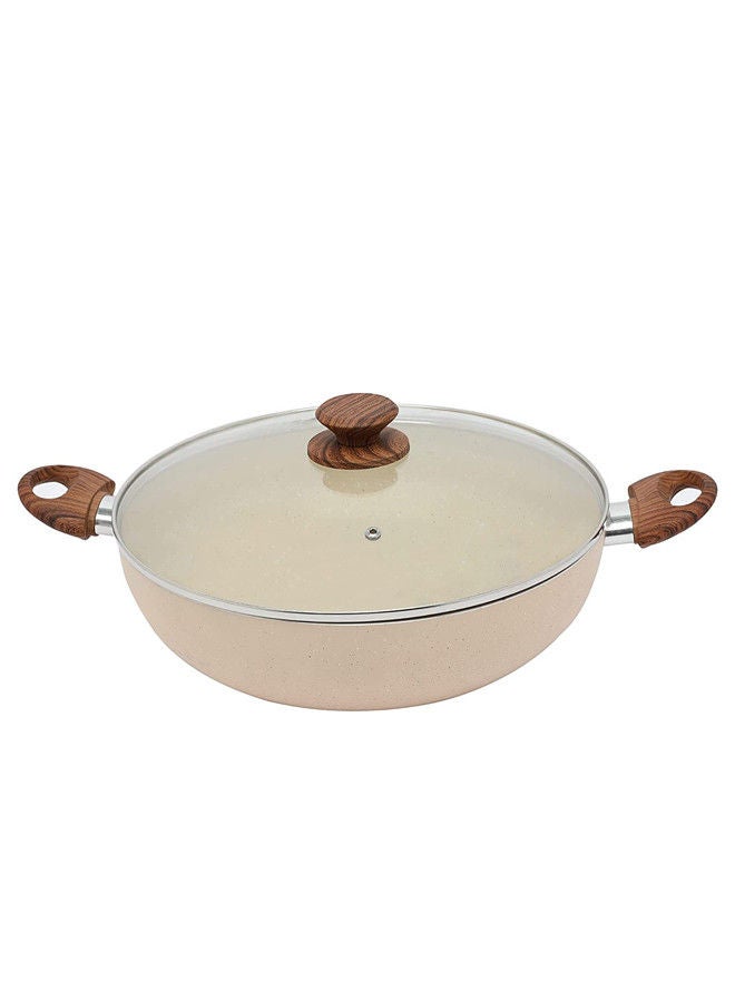 Trust Non-Stick Aluminum Wok With Glass Lid With Soft Touch Wood Handle Beige/Brown - Image 2