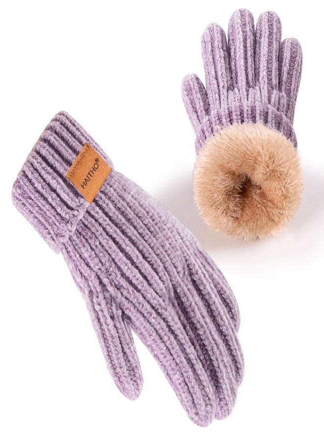 HAITHO Kids Gloves Winter for Girls Boys Cold Weather, Toddler Chenille Cute Knit Gloves with Warm Fleece Lined, Thick Thermal Double Liner Cozy Cuff Outdoor(Purple) - Image 1
