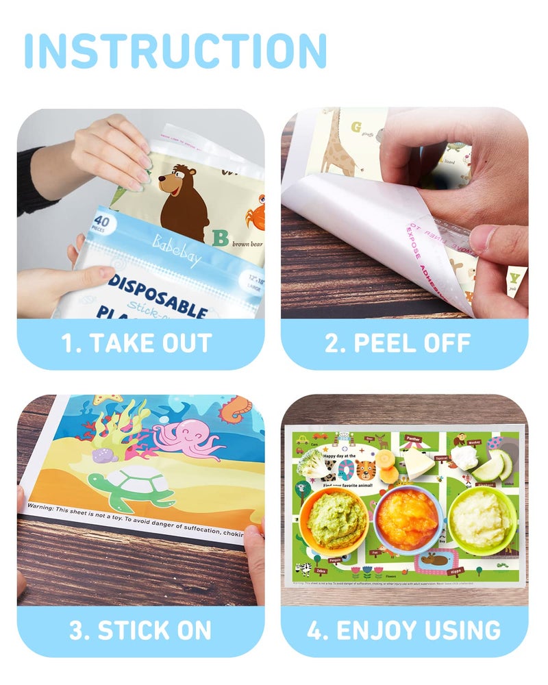 Babebay Disposable Placemats for Baby, 40 Pack Sticky Toddler Placemat for Restaurants, Dining Table, Party, Travel, 12" x 18" with 3 Designs - Image 4