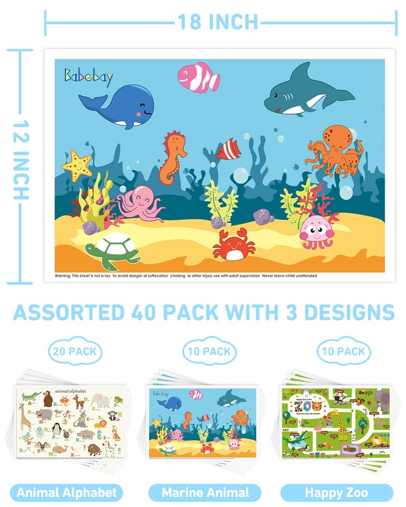 Babebay Disposable Placemats for Baby, 40 Pack Sticky Toddler Placemat for Restaurants, Dining Table, Party, Travel, 12" x 18" with 3 Designs - Image 3