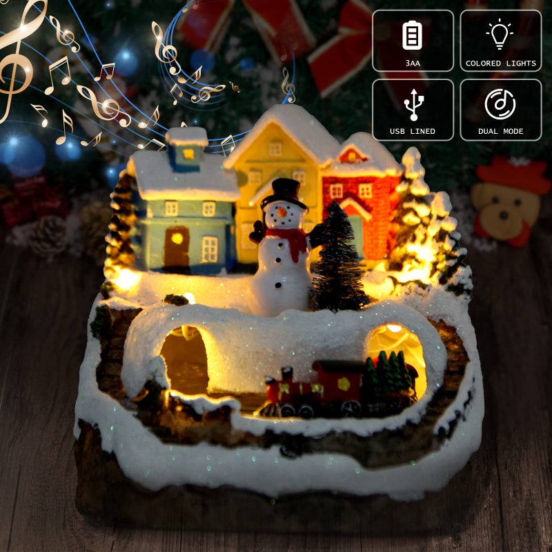 ABLINGAMSUIT Christmas Collectibles Building Village House Musical Snow Globe Resin Figurines with 8 Music Snowman, Christmas Train Come with Xmas Gift - Image 2