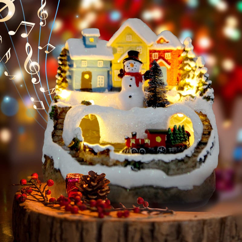 ABLINGAMSUIT Christmas Collectibles Building Village House Musical Snow Globe Resin Figurines with 8 Music Snowman, Christmas Train Come with Xmas Gift - Image 1