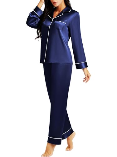 Lonxu Womens Silk Satin Pajamas Set Sleepwear Loungewear Navyblue L - Image 1