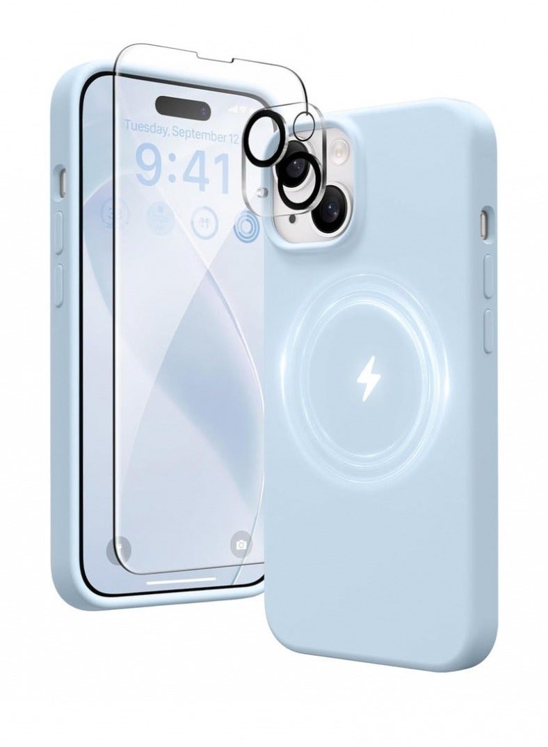 Eltrazone 5 in 1 for iPhone 15 Case Magnetic, Compatible with Magsafe, with 2X[Screen Protectors + Camera Lens Proctetors], Slim Full Body Case, Skin-Like Silicone Phone Case