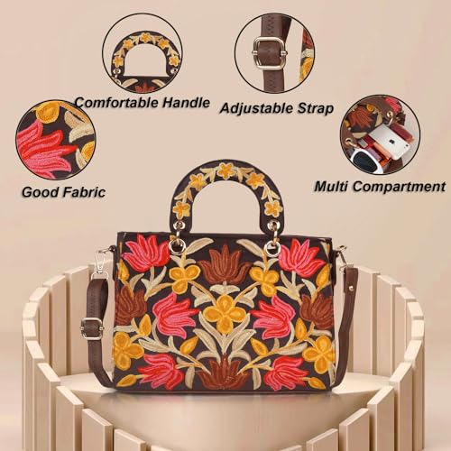 EVEDA Synthetic Leather Gorgeous Embroidery Stylish Design Shoulder Crossbody Hobo Women Handbag, Brown - Image 5