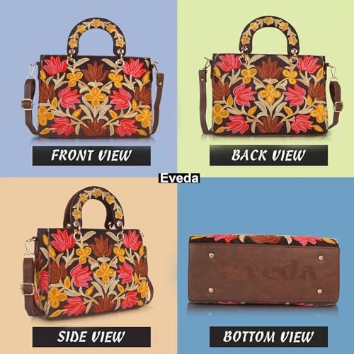 EVEDA Synthetic Leather Gorgeous Embroidery Stylish Design Shoulder Crossbody Hobo Women Handbag, Brown - Image 4
