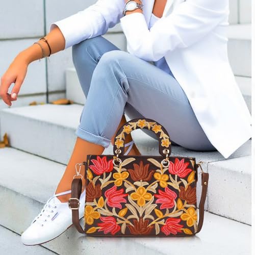 EVEDA Synthetic Leather Gorgeous Embroidery Stylish Design Shoulder Crossbody Hobo Women Handbag, Brown - Image 3