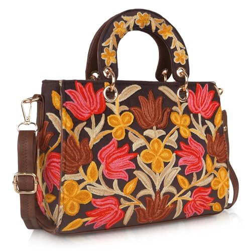 EVEDA Synthetic Leather Gorgeous Embroidery Stylish Design Shoulder Crossbody Hobo Women Handbag, Brown - Image 1