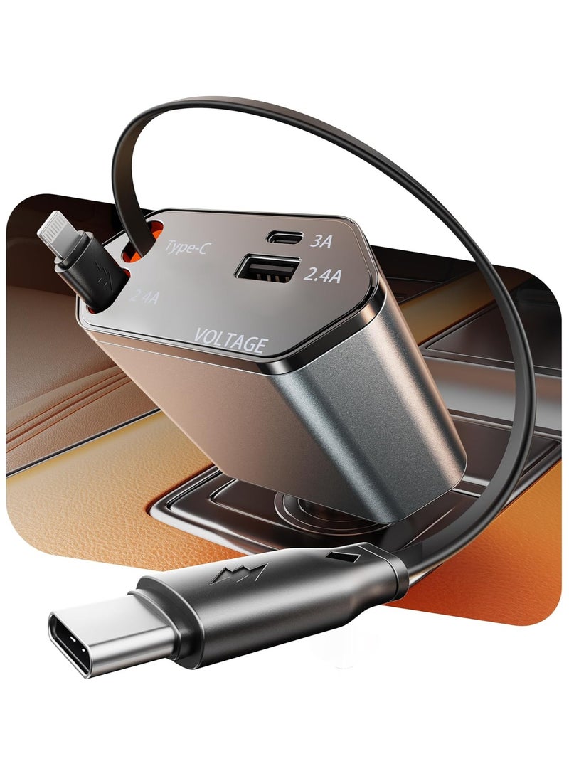 MORTICO 100W Retractable Car Charger, 4-in-1 Fast Car Phone Charger Featuring a 2.6ft Retractable Cord, with Lightning and USB-C Cable Car Charger Adapters, Compatible All Other Phone Models  - Image 1