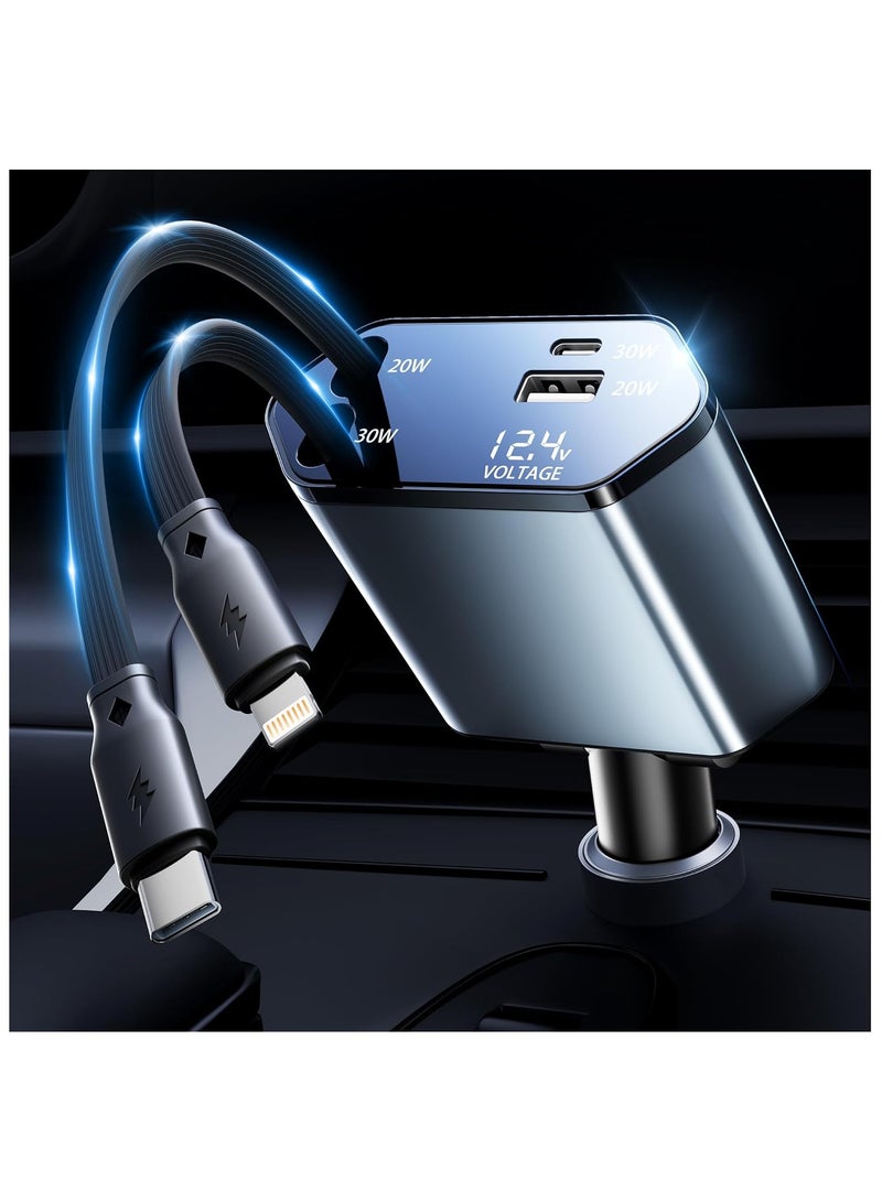 MORTICO 100W Retractable Car Charger, 4-in-1 Fast Car Phone Charger Featuring a 2.6ft Retractable Cord, with Lightning and USB-C Cable Car Charger Adapters, Compatible All Other Phone Models  - Image 2