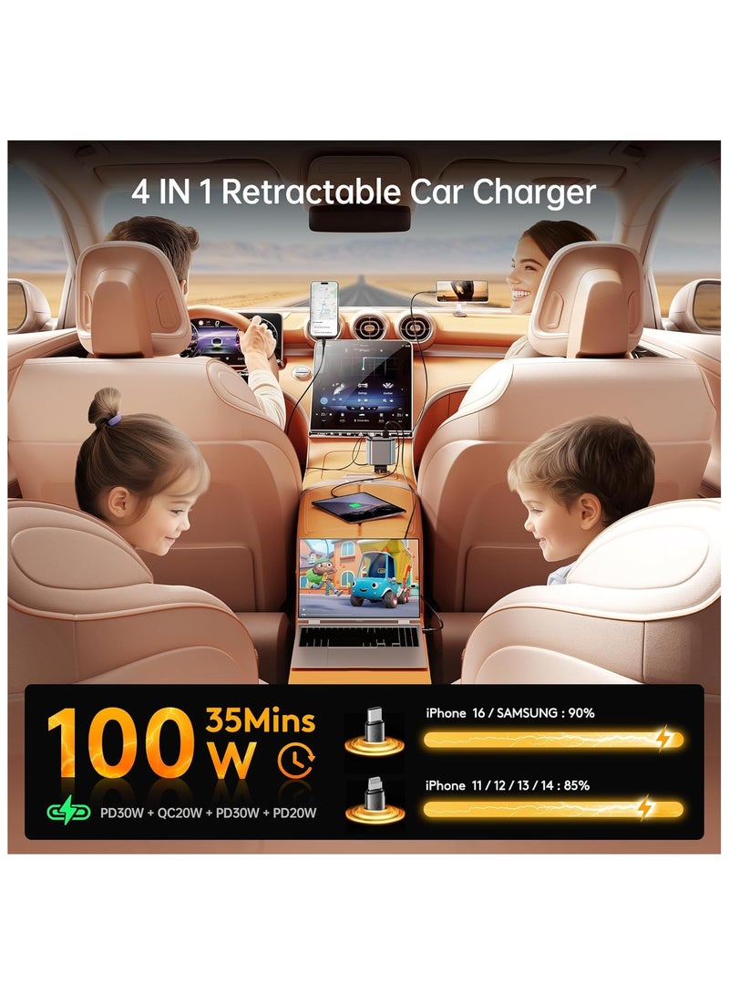 MORTICO 100W Retractable Car Charger, 4-in-1 Fast Car Phone Charger Featuring a 2.6ft Retractable Cord, with Lightning and USB-C Cable Car Charger Adapters, Compatible All Other Phone Models  - Image 3