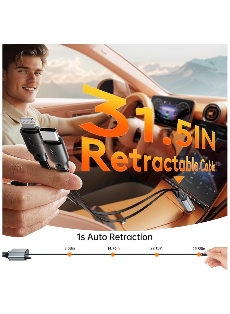 MORTICO 100W Retractable Car Charger, 4-in-1 Fast Car Phone Charger Featuring a 2.6ft Retractable Cord, with Lightning and USB-C Cable Car Charger Adapters, Compatible All Other Phone Models  - Image 4