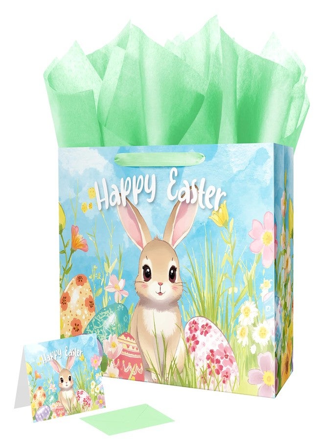 Linelglobal 15.7" Large Easter Gift Bag with Tissue Paper and Card, Eggs & Bunny Design - Image 1