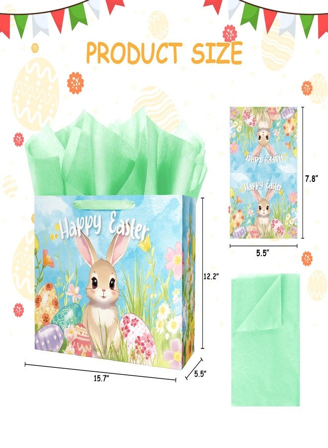 Linelglobal 15.7" Large Easter Gift Bag with Tissue Paper and Card, Eggs & Bunny Design - Image 2